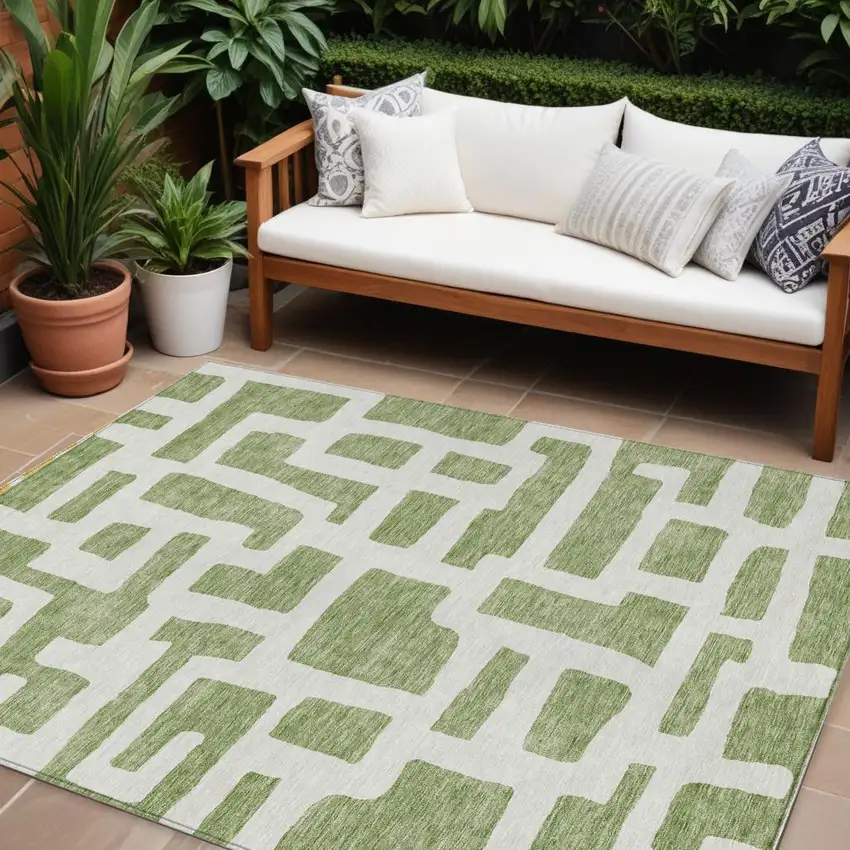 Green And Ivory Abstract Washable Indoor Outdoor Area Rug Photo 1