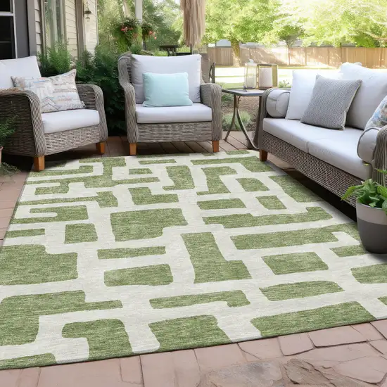 Green And Ivory Abstract Washable Indoor Outdoor Area Rug Photo 8