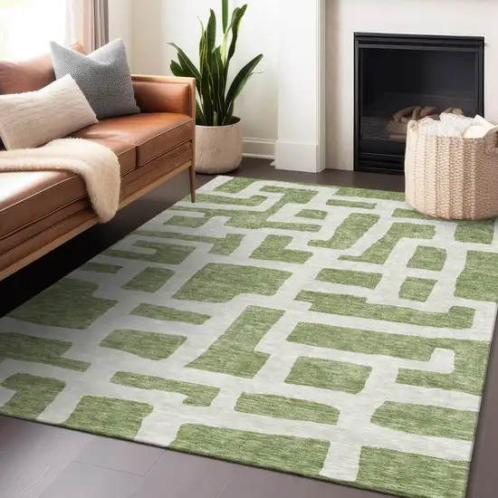 Green And Ivory Abstract Washable Indoor Outdoor Area Rug Photo 9