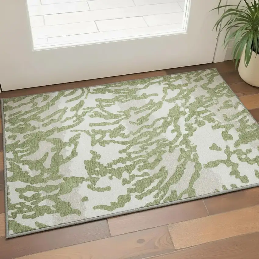 Green And Ivory Animal Print Washable Area Rug With UV Protection Photo 2