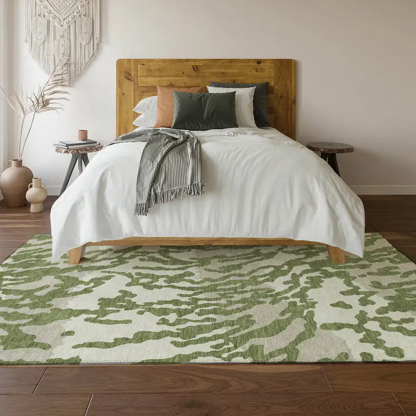 Green And Ivory Animal Print Washable Area Rug With UV Protection Photo 6