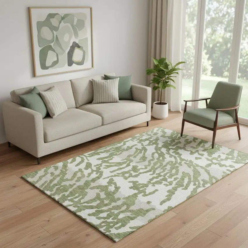 Green And Ivory Animal Print Washable Area Rug With UV Protection Photo 1