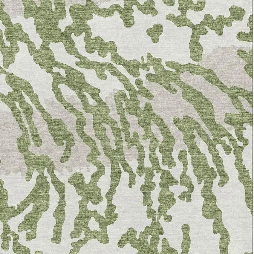 Green And Ivory Animal Print Washable Area Rug With UV Protection Photo 3