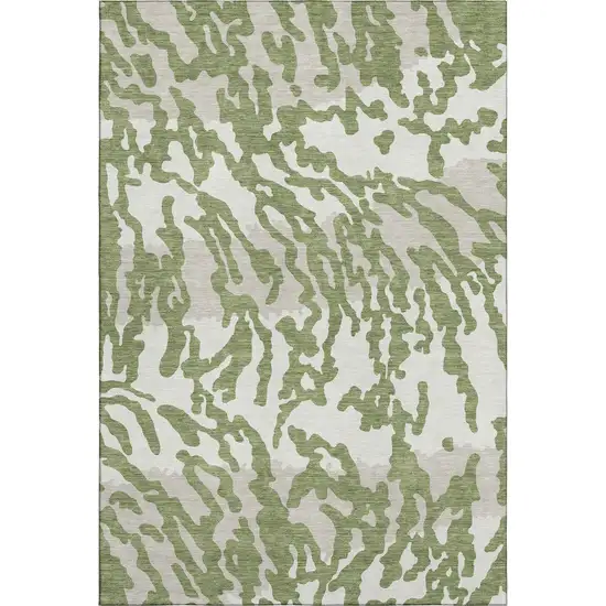 Green And Ivory Animal Print Washable Area Rug With UV Protection Photo 1