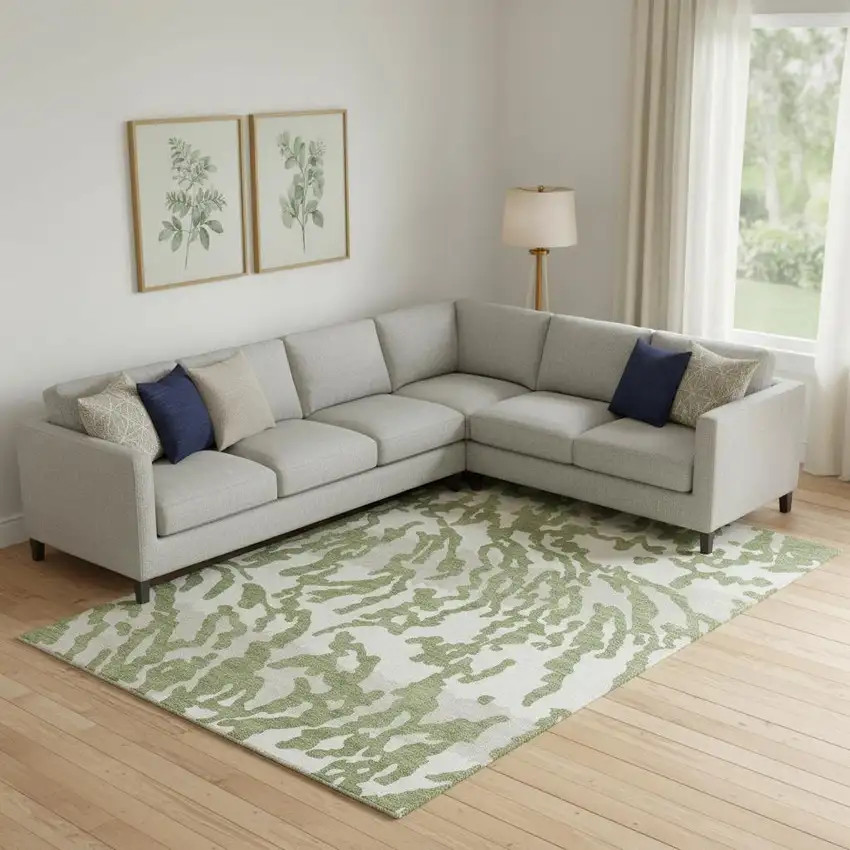 Green And Ivory Animal Print Washable Area Rug With UV Protection Photo 1