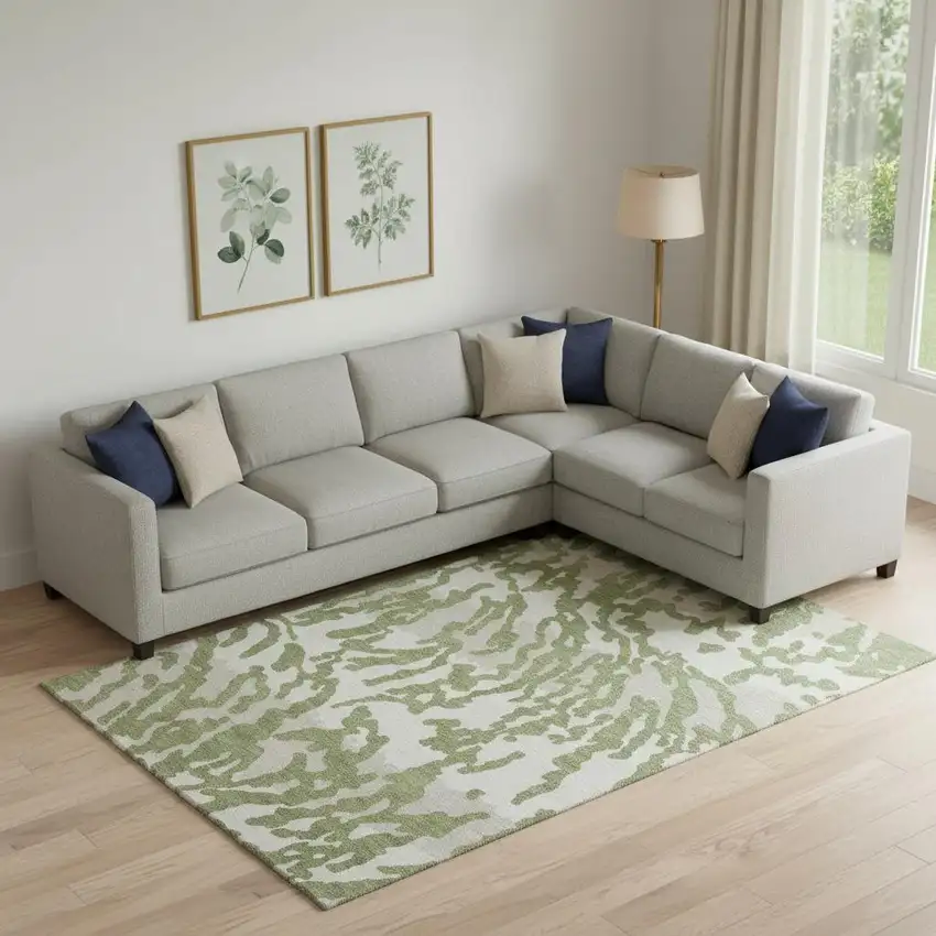 Green And Ivory Animal Print Washable Area Rug With UV Protection Photo 1