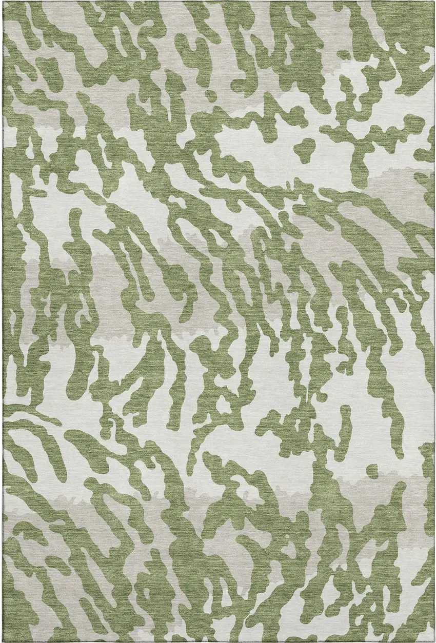 Green And Ivory Animal Print Washable Area Rug With UV Protection Photo 1