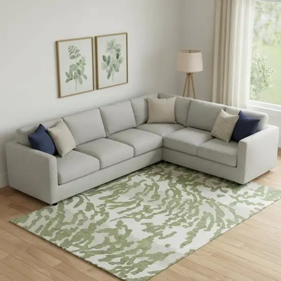 Green And Ivory Animal Print Washable Area Rug With UV Protection Photo 1