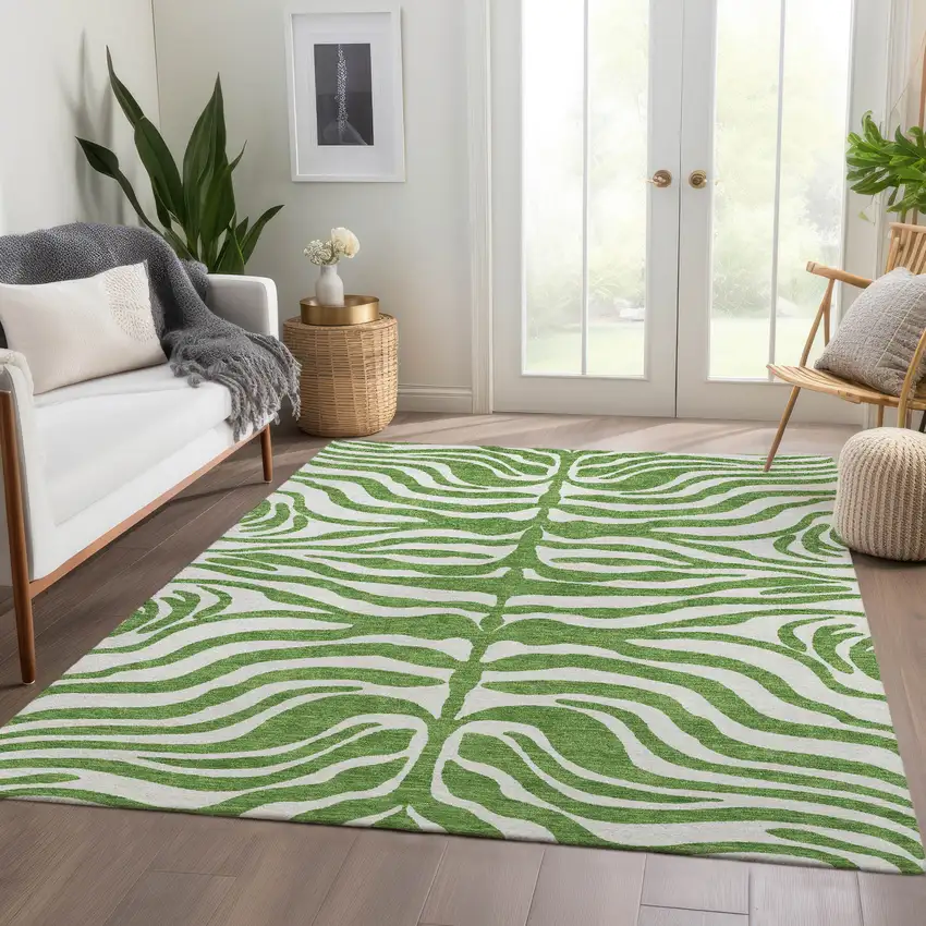 Green And Ivory Animal Print Washable Area Rug With UV Protection Photo 5