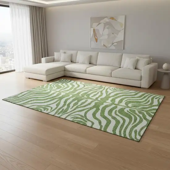 Green And Ivory Animal Print Washable Area Rug With UV Protection Photo 2