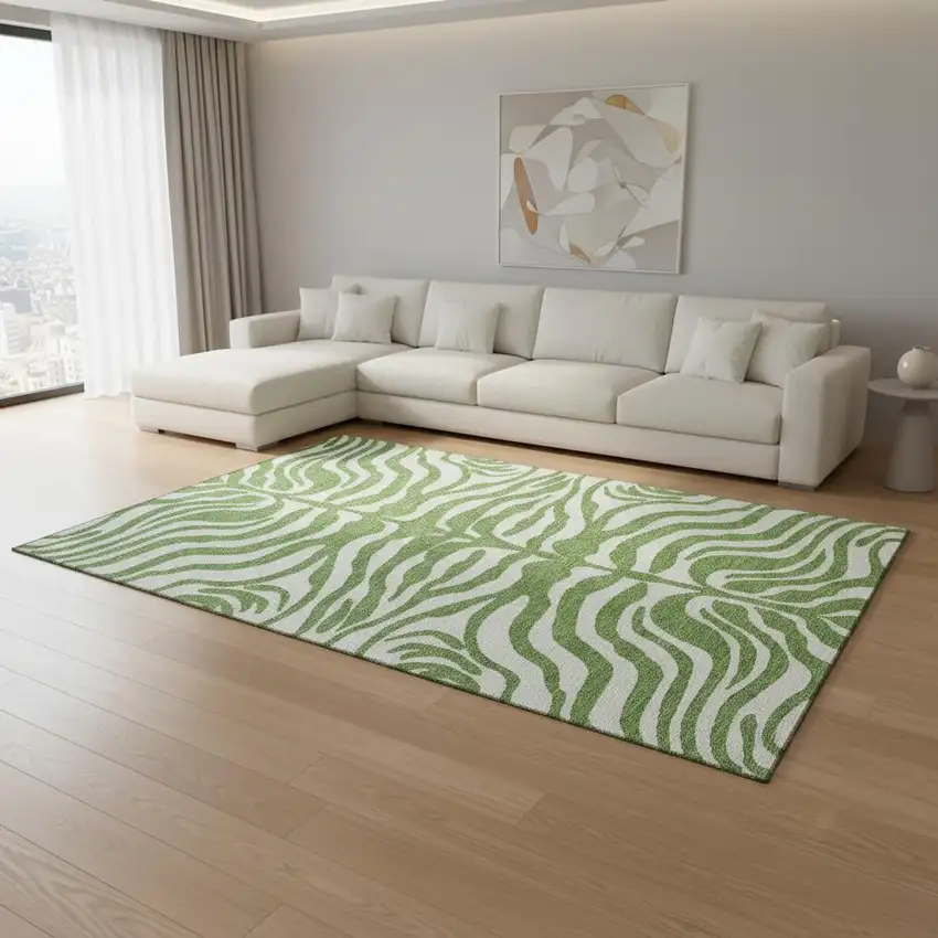 Green And Ivory Animal Print Washable Area Rug With UV Protection Photo 2
