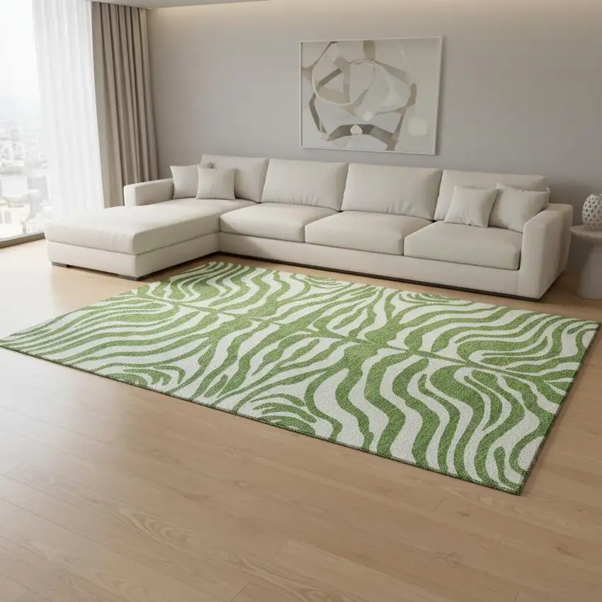 Green And Ivory Animal Print Washable Area Rug With UV Protection Photo 2