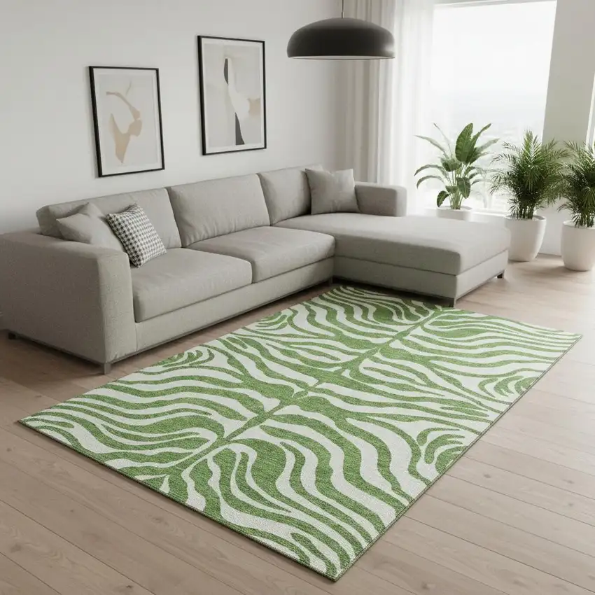 Green And Ivory Animal Print Washable Area Rug With UV Protection Photo 2