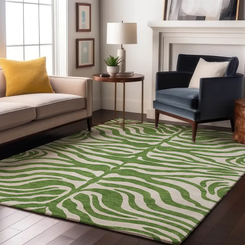 Green And Ivory Animal Print Washable Area Rug With UV Protection Photo 4