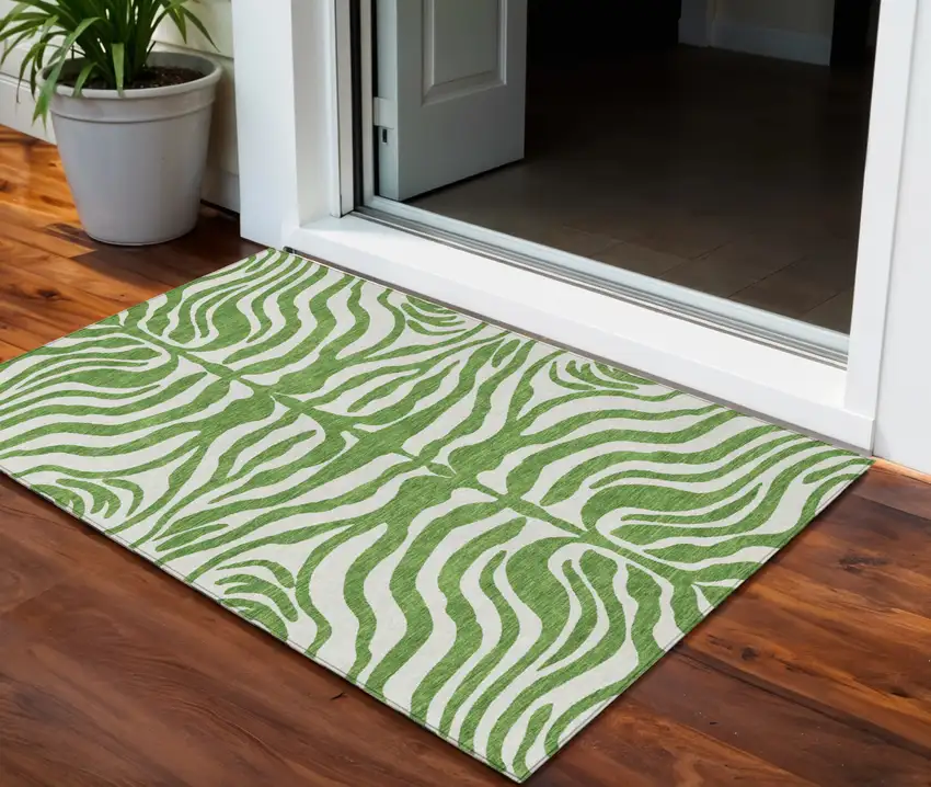 Green And Ivory Animal Print Washable Indoor Outdoor Area Rug Photo 1