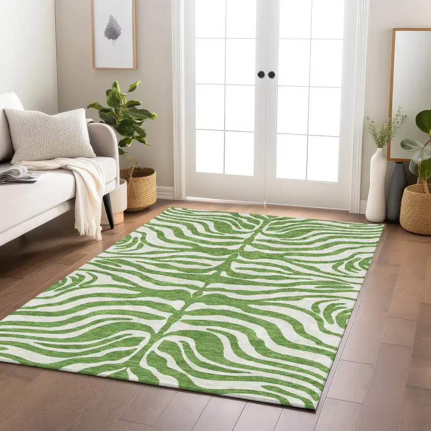 Green And Ivory Animal Print Washable Indoor Outdoor Area Rug Photo 8