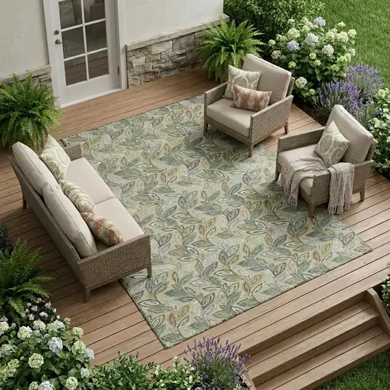 Green And Ivory Botanical Leaves Washable Indoor Outdoor Area Rug Photo 1