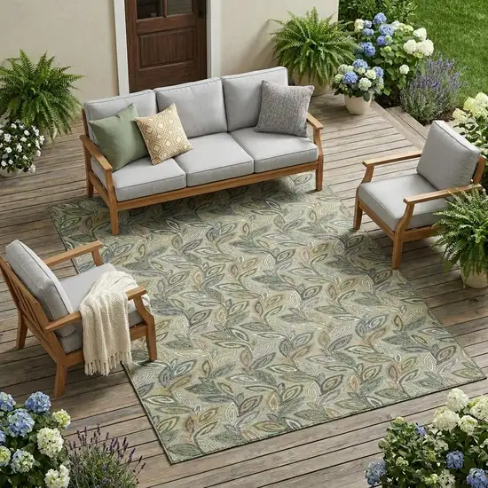 Green And Ivory Botanical Leaves Washable Indoor Outdoor Area Rug Photo 1