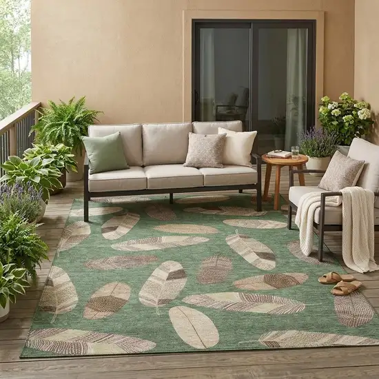 Green And Ivory Botanical Leaves Washable Indoor Outdoor Area Rug Photo 1