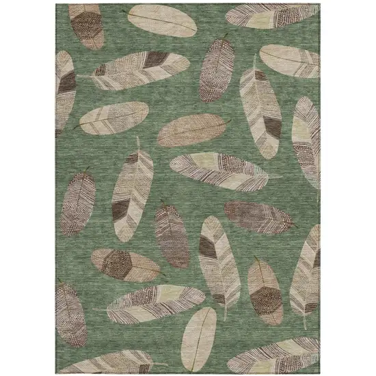 Green And Ivory Botanical Leaves Washable Indoor Outdoor Area Rug Photo 3