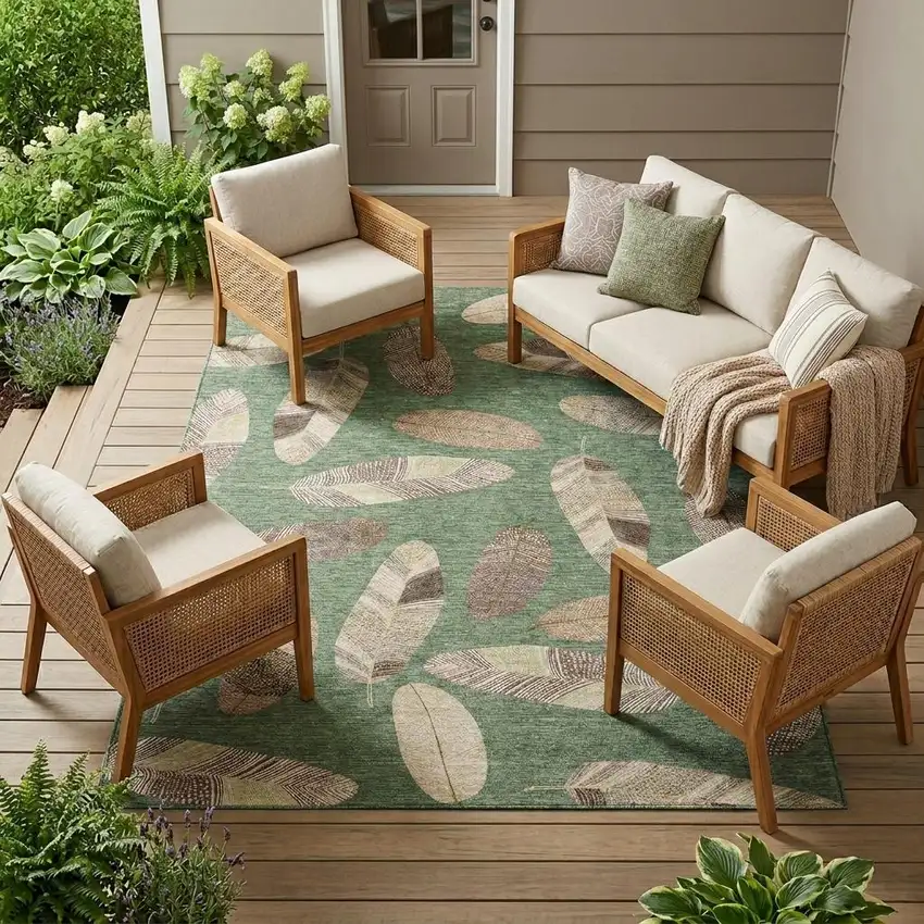 Green And Ivory Botanical Leaves Washable Indoor Outdoor Area Rug Photo 1