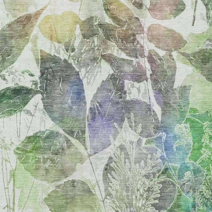 Green And Ivory Botanical Leaves Washable Indoor Outdoor Area Rug Photo 4
