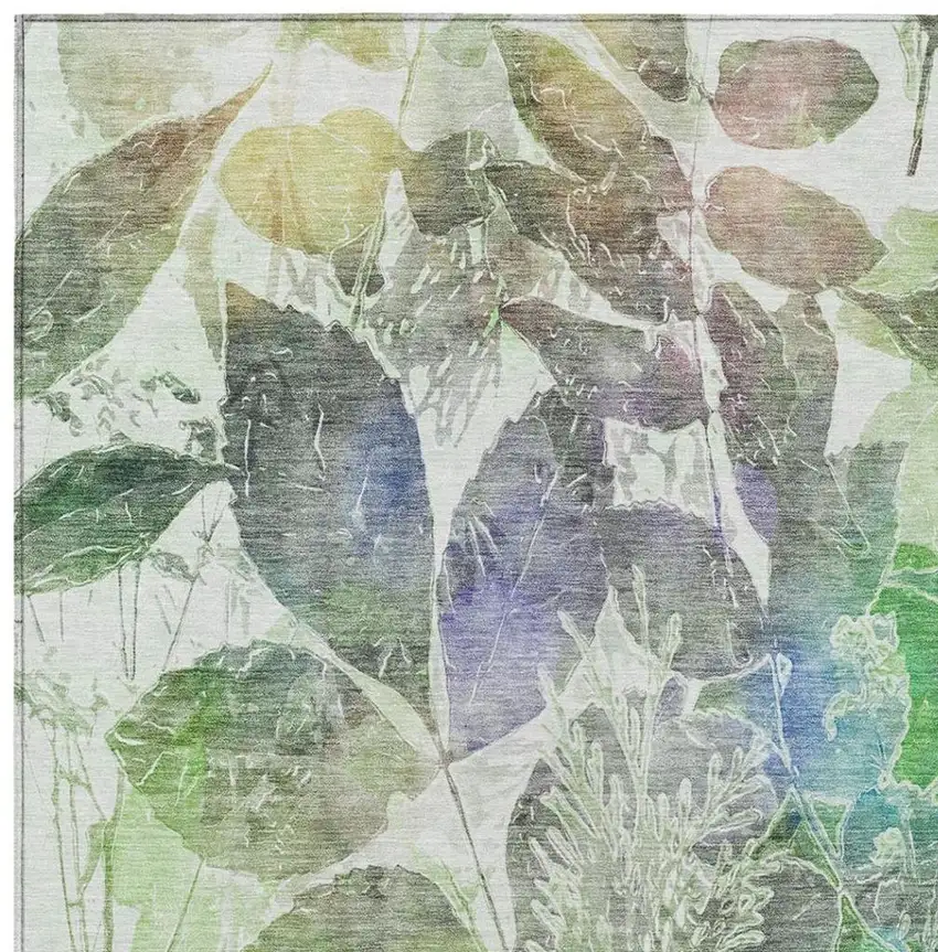 Green And Ivory Botanical Leaves Washable Indoor Outdoor Area Rug Photo 7