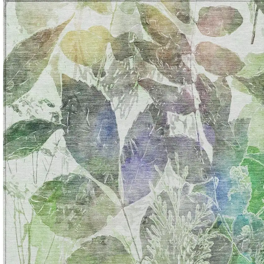 Green And Ivory Botanical Leaves Washable Indoor Outdoor Area Rug Photo 2
