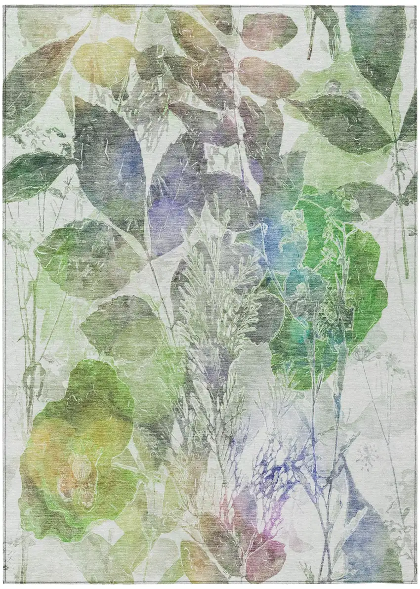 Green And Ivory Botanical Leaves Washable Indoor Outdoor Area Rug Photo 3