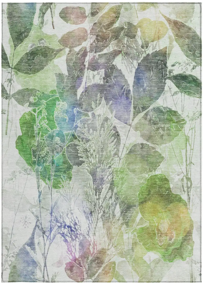 Green And Ivory Botanical Leaves Washable Indoor Outdoor Area Rug Photo 1