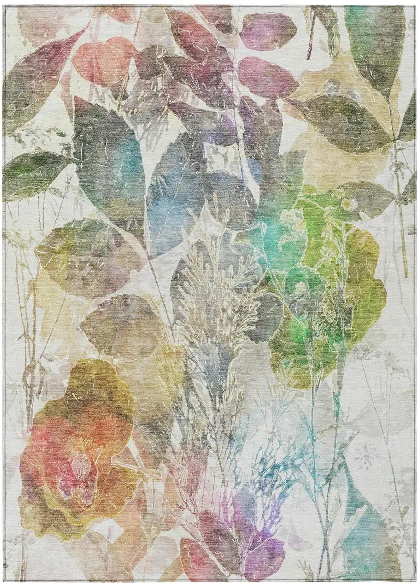 Green And Ivory Botanical Leaves Washable Indoor Outdoor Area Rug Photo 3