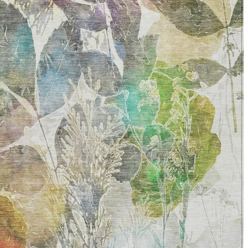 Green And Ivory Botanical Leaves Washable Indoor Outdoor Area Rug Photo 7