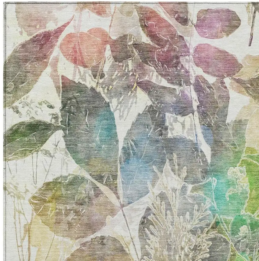 Green And Ivory Botanical Leaves Washable Indoor Outdoor Area Rug Photo 5