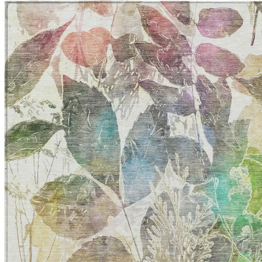Green And Ivory Botanical Leaves Washable Indoor Outdoor Area Rug Photo 2