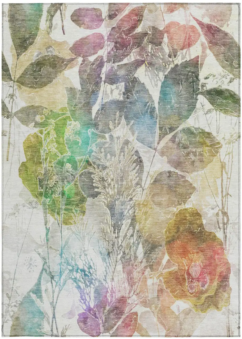 Green And Ivory Botanical Leaves Washable Indoor Outdoor Area Rug Photo 2