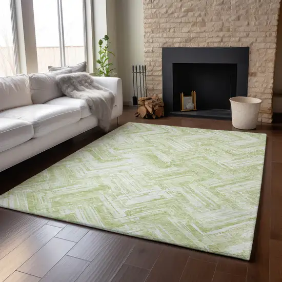 Green And Ivory Chevron Washable Area Rug With UV Protection Photo 5