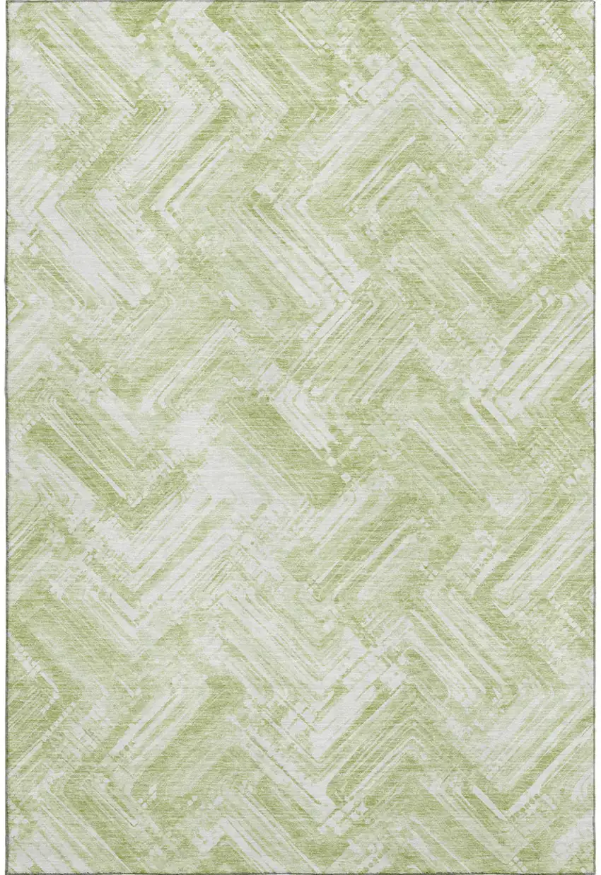 Green And Ivory Chevron Washable Area Rug With UV Protection Photo 1