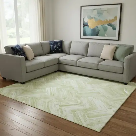 Green And Ivory Chevron Washable Area Rug With UV Protection Photo 1