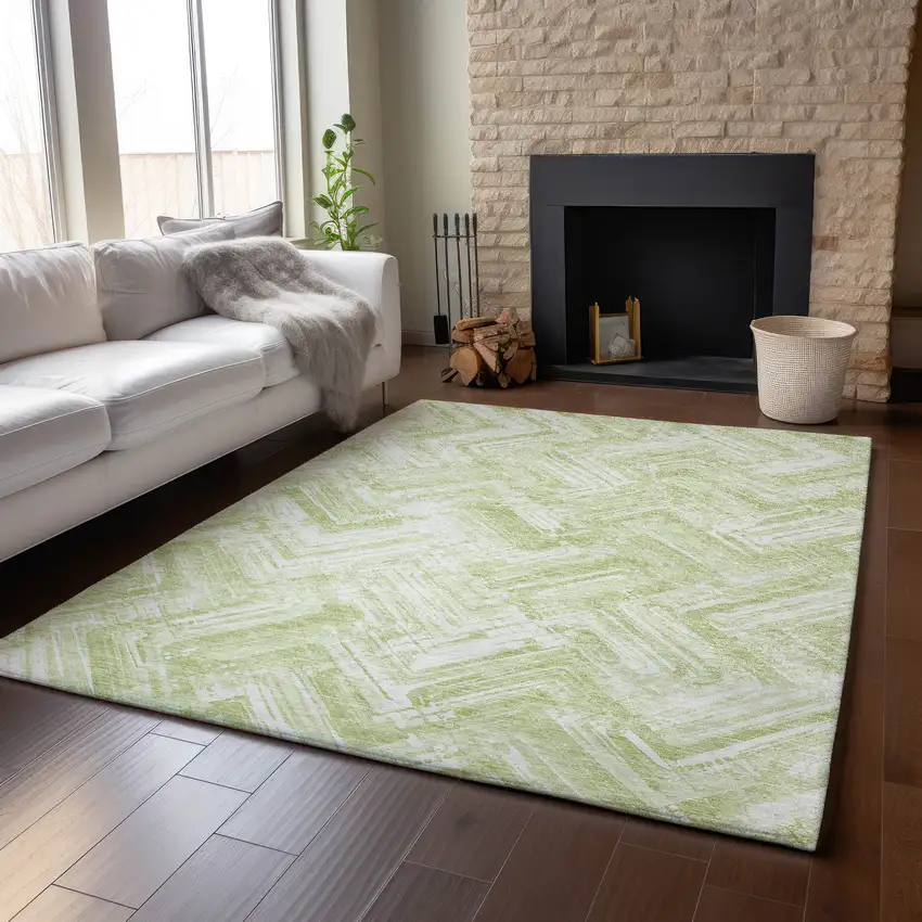 Green And Ivory Chevron Washable Area Rug With UV Protection Photo 5