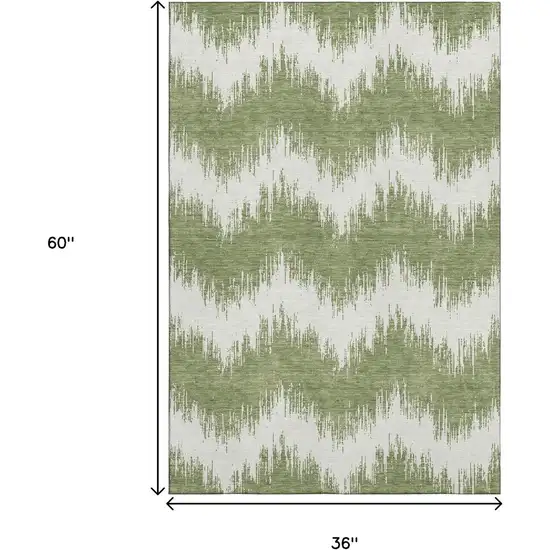 Green And Ivory Chevron Washable Area Rug With UV Protection Photo 3