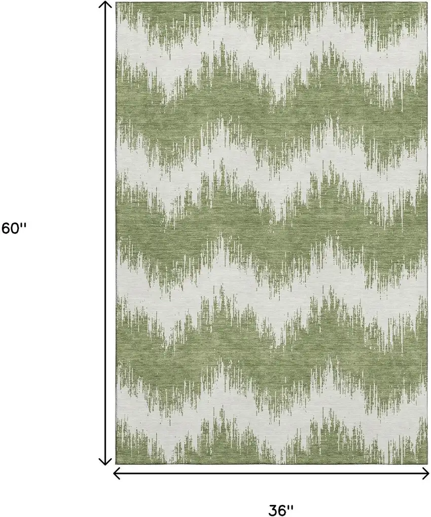 Green And Ivory Chevron Washable Area Rug With UV Protection Photo 3