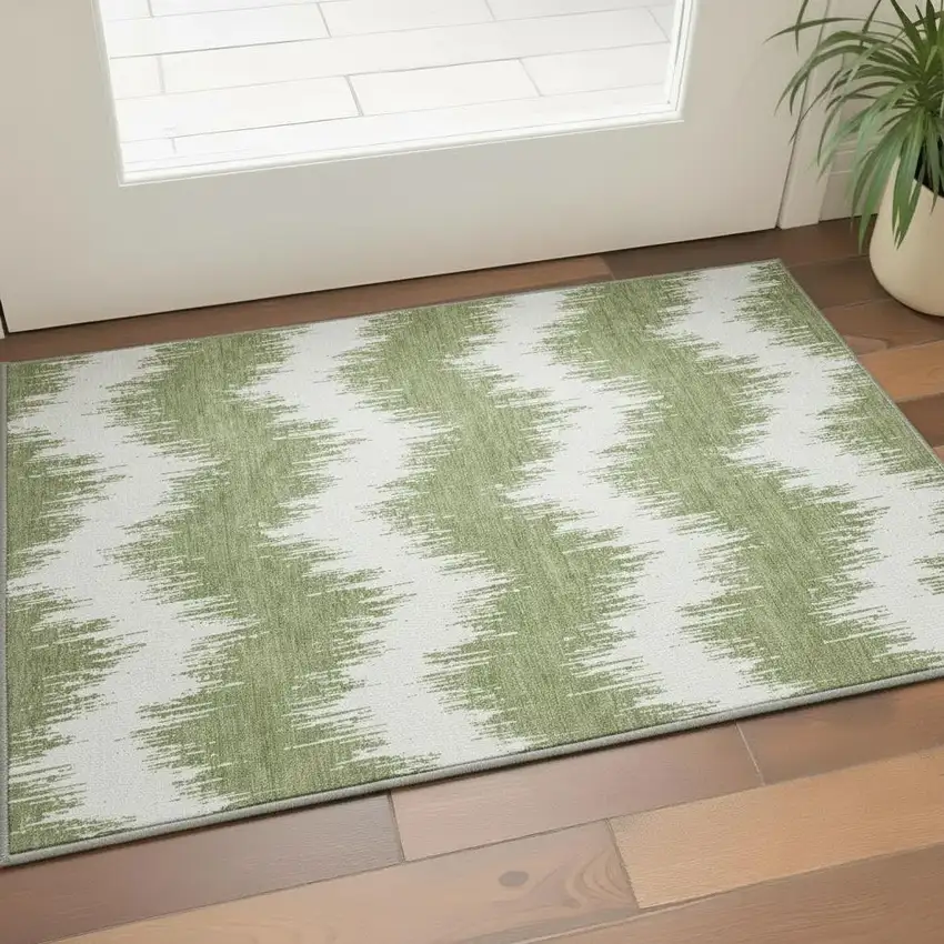 Green And Ivory Chevron Washable Area Rug With UV Protection Photo 2