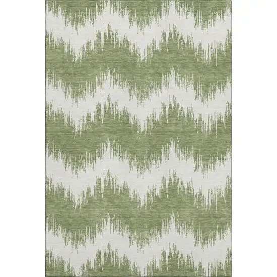 Green And Ivory Chevron Washable Area Rug With UV Protection Photo 1
