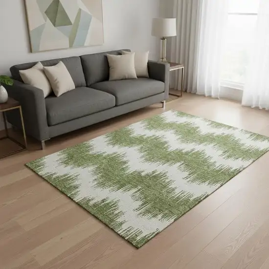 Green And Ivory Chevron Washable Area Rug With UV Protection Photo 2