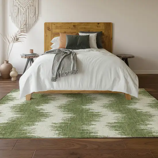 Green And Ivory Chevron Washable Area Rug With UV Protection Photo 6