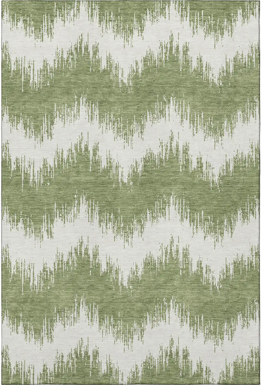 Green And Ivory Chevron Washable Area Rug With UV Protection Photo 4