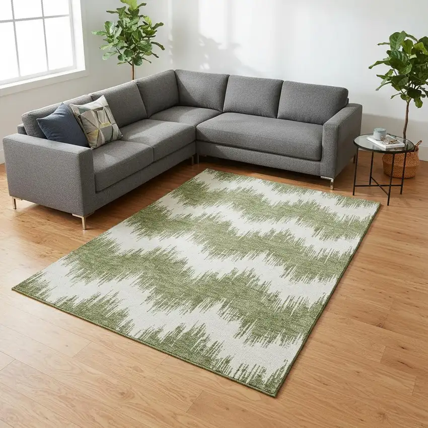 Green And Ivory Chevron Washable Area Rug With UV Protection Photo 2
