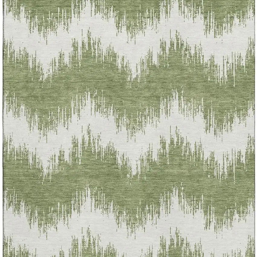 Green And Ivory Chevron Washable Area Rug With UV Protection Photo 4