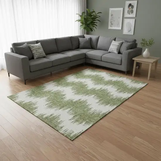 Green And Ivory Chevron Washable Area Rug With UV Protection Photo 2