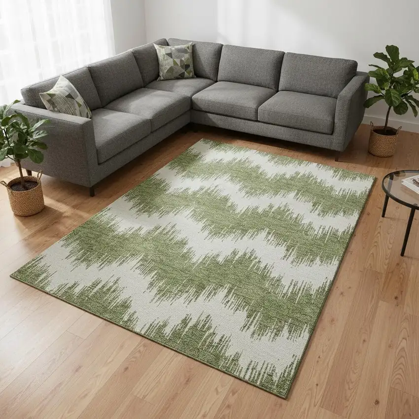 Green And Ivory Chevron Washable Area Rug With UV Protection Photo 2